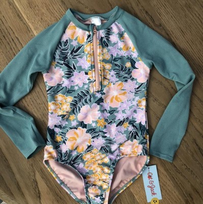 Girls' Floral Print Ribbed Long Sleeve One Piece Rash Guard - Cat