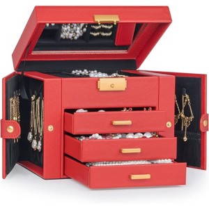 Leather Jewelry Box with Mirror & Lock, 3-Tier Organizer with 2 Drawers for Necklaces & Bracelets - 1 of 4