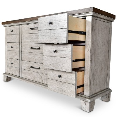 Rustic Ivory and Honey 9-Drawer Dresser with Mirror