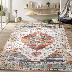 Washable Printed Accent Rug Boho Vintage Medallion Area Rugs, Ultra-Thin Soft Low Pile Distressed Carpet for Living Room Kitchen Dining - 1 of 4