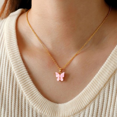 Attop First Day of Preschool/Kindergarten, Pink Butterfly Necklace Back to School Gifts for Kids Girls