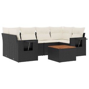 vidaXL Patio Sofa Set with Cushions Outdoor Furniture 7 Piece Poly Rattan - Black and Cream - 1 of 4