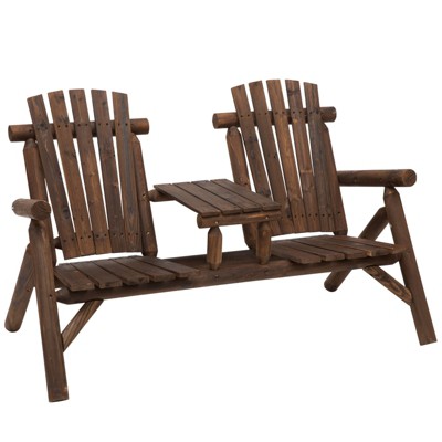 VisioGear 2-Seat Wooden Adirondack Chair, Patio Bench with Table, Outdoor Adirondack Chair for Porch, Backyard, Brown, 61.75"*34.75"*40.5"