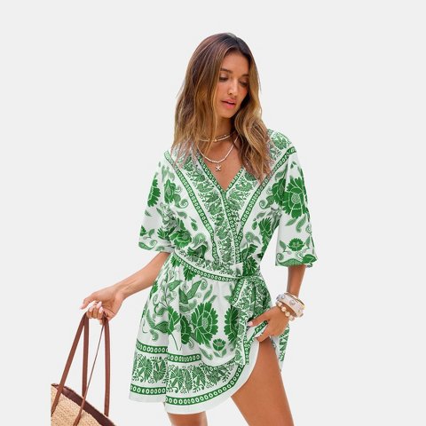 Женские платья Cupshe Women's Boho Chic Floral Surplice Neckline Mini Dress-M-Green