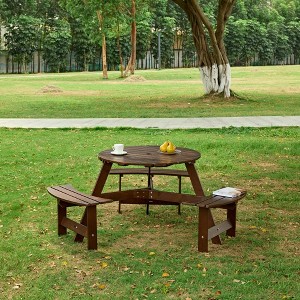 Chic Crate-6-Seater Round Picnic Table – Outdoor Table & Bench Set with Built-In Benches & Umbrella Hole, Garden, Patio & Backyard, Teak Brown - 1 of 4