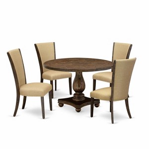 HomeStock 5-Piece Round Distressed Jacobean Finish Solid Wood Top Dining Table with 4 Parson Chair - 1 of 4