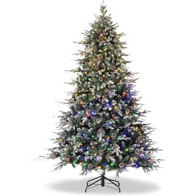 Acekool 6FT Snow Flocked Prelit Tree, Norway Spruce Look, Warm White Lights, Artificial Full Tree with Gloves & Sturdy Stand, Green