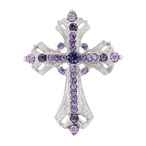 Anna-Kaci Silvery Tone Religious Cross Brooch Sparkling Aquamarine Blue or Victorian Clear Crystal Rhinestones - 1 of 4