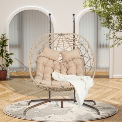 Double Egg Chair with Stand Hanging Indoor Outdoor Wicker Rattan Patio Basket Egg Swing Chair Hammock Egg Chairs