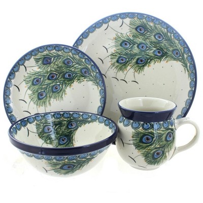 Blue Rose Polish Pottery Peacock Feather 16 Piece Dinner Set