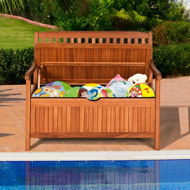 Costway 42'' Storage Bench Deck Box Solid Wood Seating Container Tools Toys W/Backrest, 3 of 11