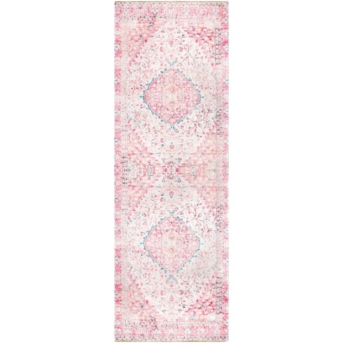 nuLOOM Paisley Machine Washable Faded Floral Border Medallion Area Rug, Pink, 8x10 ft