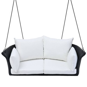 Nestfair 51.9" 2-Person Black Wicker Porch Swing with Ropes and Cushion White - 1 of 4