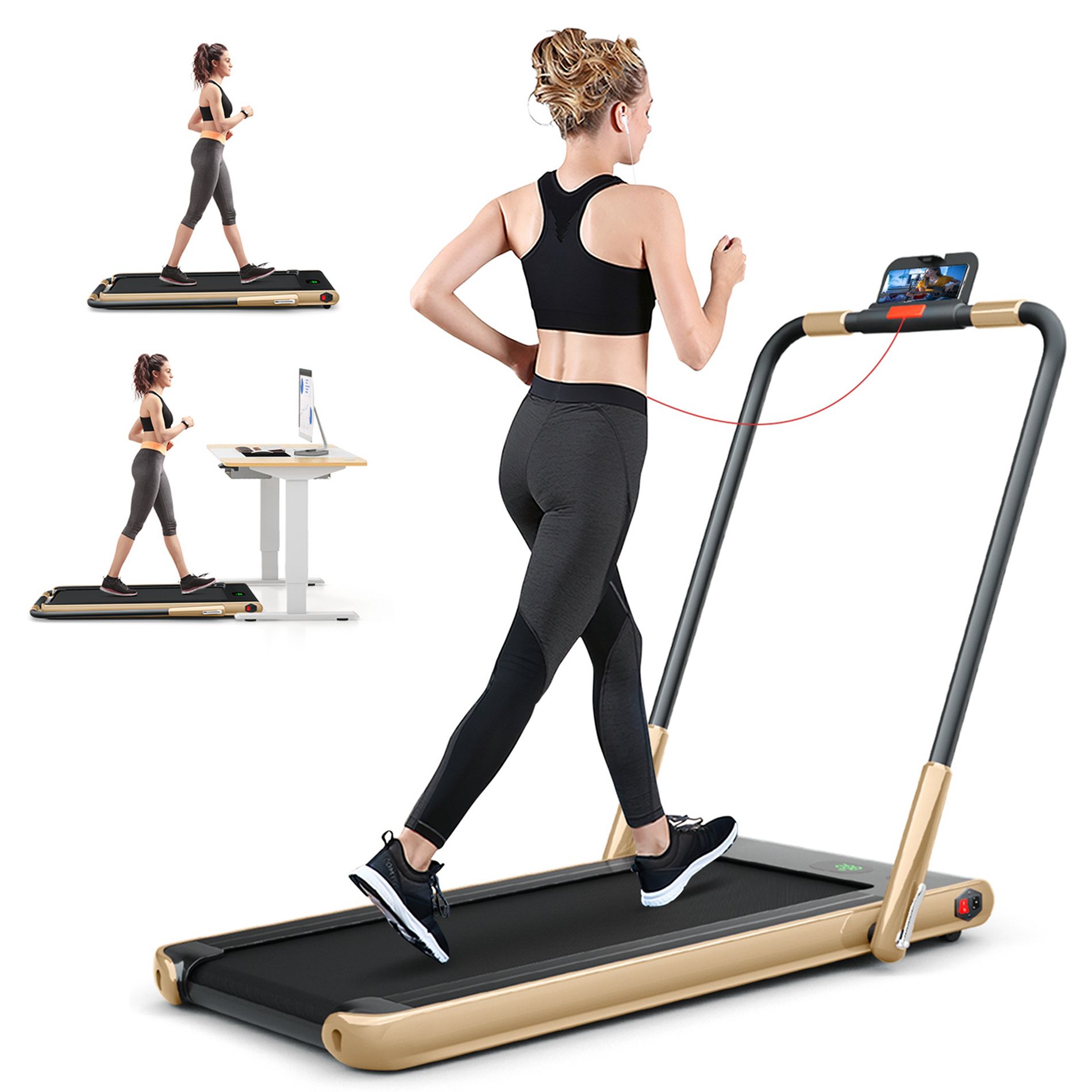 SuperFit Up To 7.5MPH 2.25HP 2-in-1 Folding Under Desk Treadmill W/Remote Control  Speaker  APP, Single Display Screen Gold