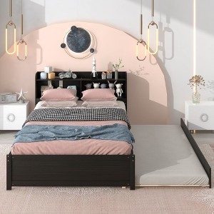 Full Size Platform Bed with Bookcase Headboard and Pull-Out Trundle, Wood Bed Frame with Storage - 1 of 4