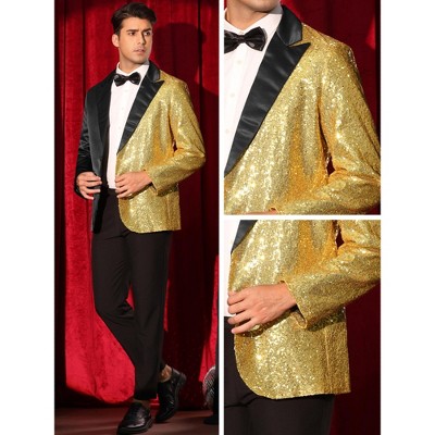 Мужские пиджаки INSPIRE CHIC Men's Color Block Peak Lapel Wedding Sparkly Sequin Blazers Black Golden Small — фото 5
