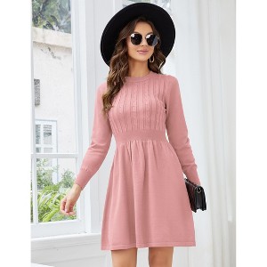 Women's 2025 Long Sleeve Mini Sweater Dress Crewneck Ribbed Knit a Line Pleated Swing Short Dresses - 1 of 4