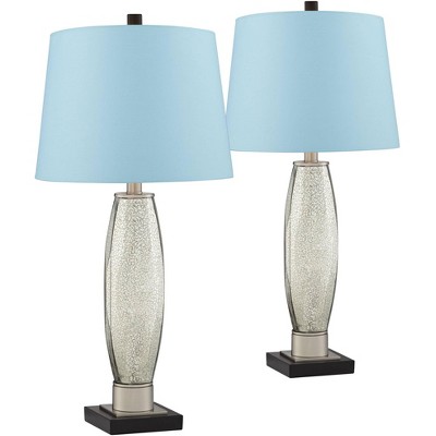 Regency Hill Landro Modern Mid Century Table Lamps 27 1/2" Tall Set of 2 Mercury Glass Blue Hardback Drum Shade for Bedroom Living Room Bedside Office