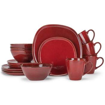 Elanze Designs Modern Chic Smooth Handmade Shape High Gloss Ceramic Stoneware Kitchen Dinnerware 16 Piece Set - Service for 4, Deep Crimson Red