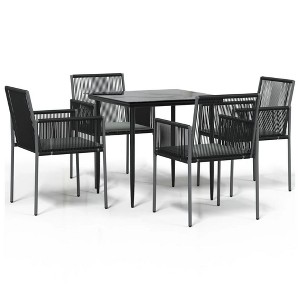 vidaXL- 5 Piece Patio Dining Set in Black Poly Rattan and Steel with Cushions, Tempered Glass Tabletop and Comfortable Outdoor Chairs - 1 of 4