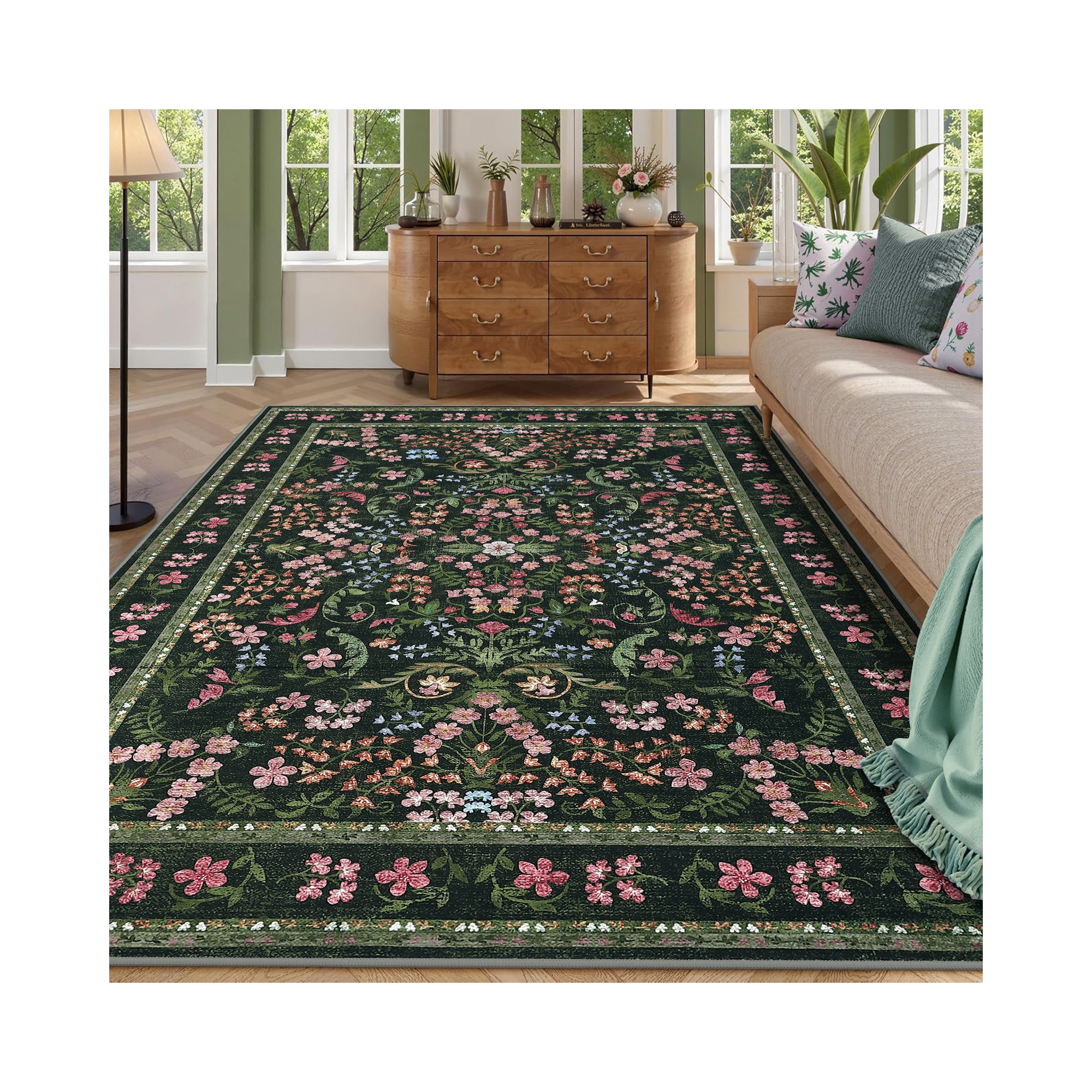 Washable Area Rug, 8x10 Boho Floral Soft Rugs for Living Room, Non Slip Low Pile Carpet for Bedroom, Dining Room, Nursery, Hallway, Green