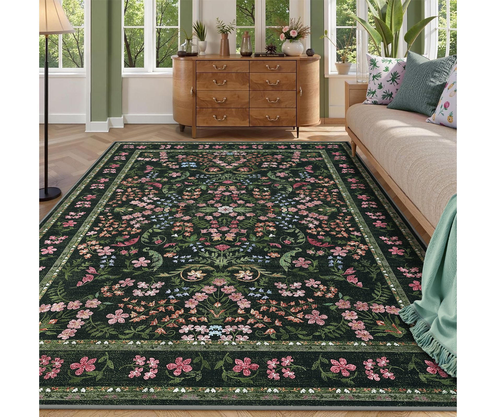 Washable Area Rug, 9x12 Boho Floral Soft Rugs for Living Room, Non Slip Low Pile Carpet for Bedroom, Dining Room, Nursery, Hallway, Green