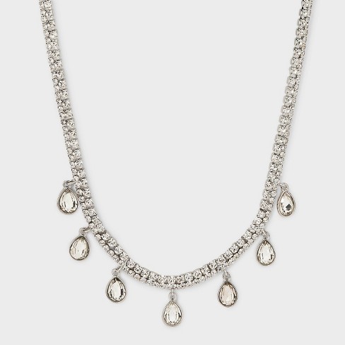 Clear Glass Stones with Cubic Zirconia Chain Necklace - A New Day™ Silver - image 1 of 4