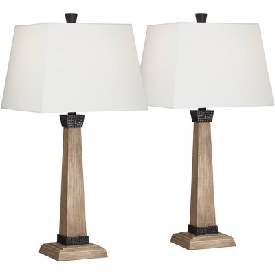 John Timberland Rustic Farmhouse Table Lamps Set of 2 Wood Oatmeal Square Tapered Shade for Living Room Bedroom Bedside Nightstand