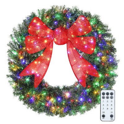 HOMCOM 48in Pre-Lit Christmas Wreath with 3D Red Bow, Christmas Wreath for Front Door with 11 Lighting Modes, 200 LED Lights