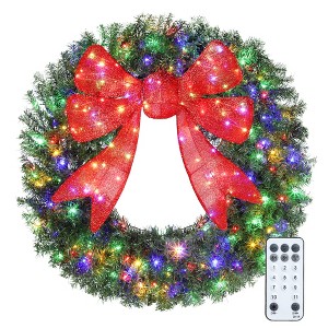 HOMCOM 48in Pre-Lit Christmas Wreath with 3D Red Bow, Christmas Wreath for Front Door with 11 Lighting Modes, 200 LED Lights - 1 of 4