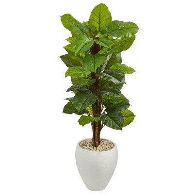 Nearly Natural 5-ft Large Leaf Philodendron Artificial Plant in White Oval Planter (Real Touch)