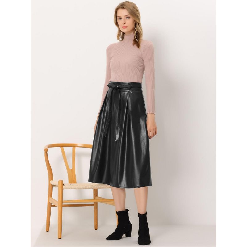 Allegra K Women's Faux Leather High Waist Belted A-line Flare Midi Skirts, 2 of 6