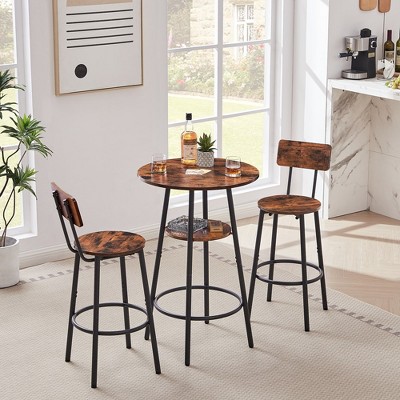 3 Piece Pub Dining Set Modern Round Bar Table With Open Circular Shelf 2 Stools With Backrest Foot-rest