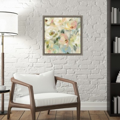 Expressive Pale Floral Abstract Canvas Wall Art in Gray Frame