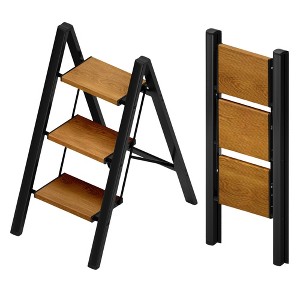 Itopfox 3 Step Ladder, Aluminum Lightweight Folding Stool with Anti-Slip Wide Pedal, 330lbs Capacity for Household, Kitchen, Office - Black Woodgrain - 1 of 4