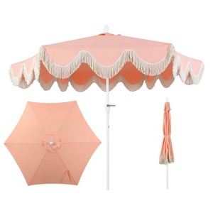 JONATHAN Y Collins 9 ft. Classic Cottage Tassel Market Patio Umbrella with Auto-Tilt, Crank, Wind Vent and UV Protection - 1 of 4