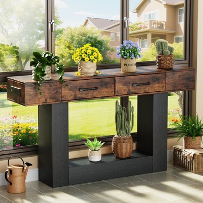 Dolonm 63" U-Shaped Console Table&2-Drawer,USB-C Outlet&LED Lights,Easy Assembly,for Foyer/Living Room/Hallway