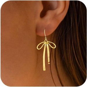 Gold Bow Earrings for Women Trendy,Cute Bow Stud Earring 14k Gold Plated Dainty Ribbon Pearl Bow Drop Dangle Earrings Gold Earrings Christmas Earrings - 1 of 4