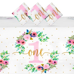 Blue Panda 3 Pack Floral Plastic Tablecloth, Baby Girls First Birthday Decorations, 54x108 in - 1 of 4