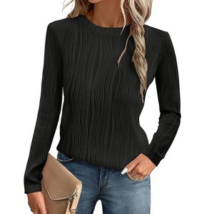 Women Fall Casual Long Sleeve Textured Knit Shirt Round Neck Casual Fashion Top Blouse - 1 of 4