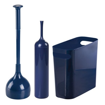 mDesign 3 Piece Plastic Bathroom Plunger, Bowl Brush, Trash Can Set - Navy Blue