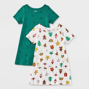 Toddler Girls' Adaptive 2pk Holiday Short Sleeve Dress - Cat & Jack™ Dark Green/Cream - 1 of 4
