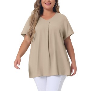 Agnes Orinda Women's Plus Size Casual V Neck Lounge Around Short Sleeve Solid Chambray Blouses - 1 of 4