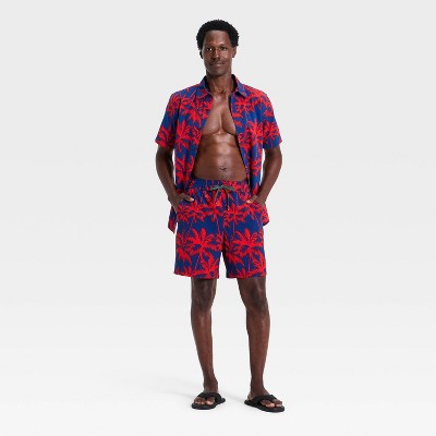 Мужские брюки Houston White Men's 7" Palm Print Seersucker Swim Trunks - Blue/Red L — фото 2