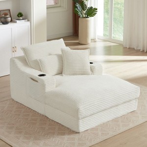 Pexfix 47" Chaise Lounge Chair Fluffy Corduroy Boneless Sleeper Sofa Couch with Cupholders and 3 Throw Pillows for Living Room Bedroom & Office White - 1 of 4