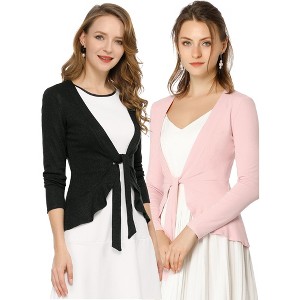 INSPIRE CHIC Women's Solid Tie Open Front Long Sleeve Knit Metallic Ruffled Crop Cardigan 2 Packs - 1 of 4