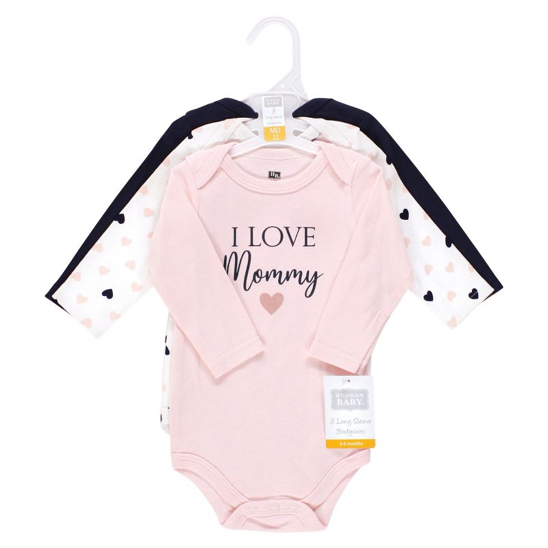 Hudson Baby Infant Girl Cotton Long-Sleeve Bodysuits, Girl Mommy Pink Navy 3-Pack, 2 of 6