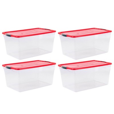 Rubbermaid Cleverstore 18 Gallon Durable Plastic Holiday Storage Tote with  Latching Recessed Lid for Seasonal Decorations, Clear with Red Lid (4 Pack)