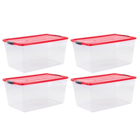 Rubbermaid Cleverstore 18 Gallon Durable Plastic Holiday Storage Tote with  Latching Recessed Lid for Seasonal Decorations, Clear with Red Lid (4 Pack)