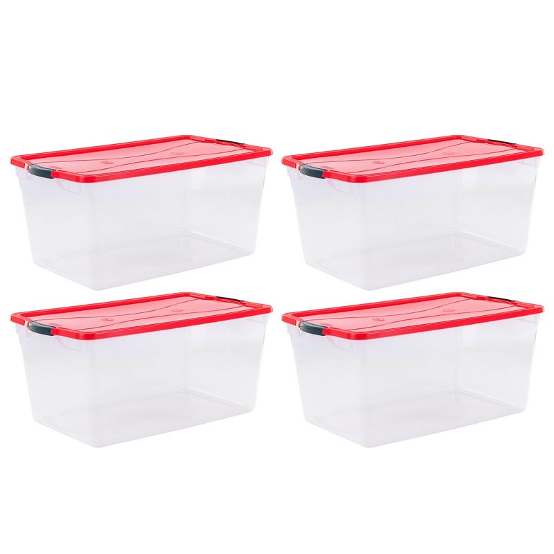 Rubbermaid Cleverstore 18 Gallon Durable Plastic Holiday Storage Tote with Latching Recessed Lid for Seasonal Decorations, Clear with Red Lid (4 Pack), 1 of 6